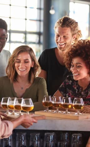 Group of Friends at Bar Getting Flights of Beer